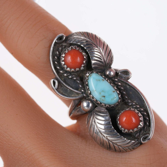 Vintage Reeves Navajo Ring aus Sterlingsilber mit Koralle und Türkis