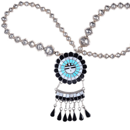 Zuni Sterling Multistone inlay thunderbird with Stamped Bead necklace
