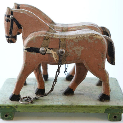 Antique American Folk art wood horses pull toy