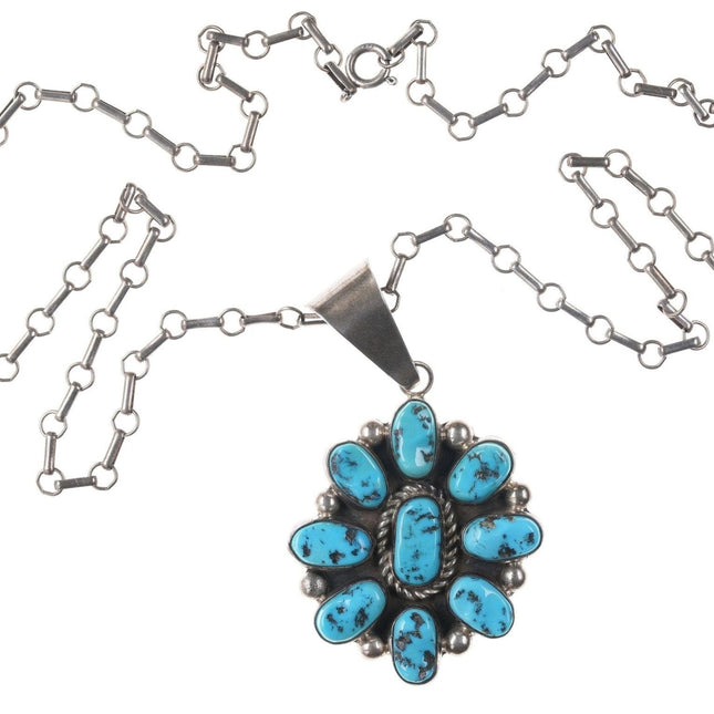 Bobby Johnson Navajo SterlingTurquoise cluster pendant on necklace