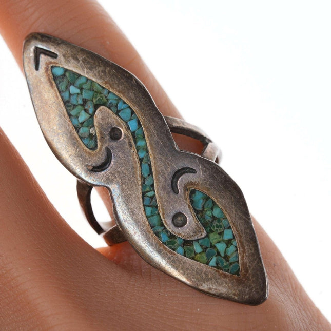 Vintage-Ring aus Sterlingsilber und türkisfarbenem Chip-Inlay der amerikanischen Ureinwohner, Größe 7