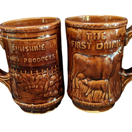1920's Sunshine Dairy Products Stoneware Advertising Cow Mugs Rockingham Glaze