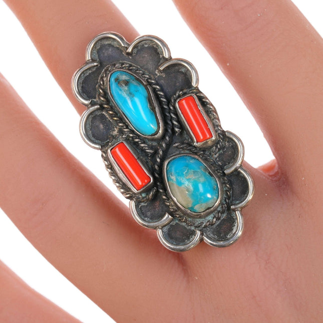 sz6.25 Alfred Tom Navajo sterling, turquoise, and coral ring
