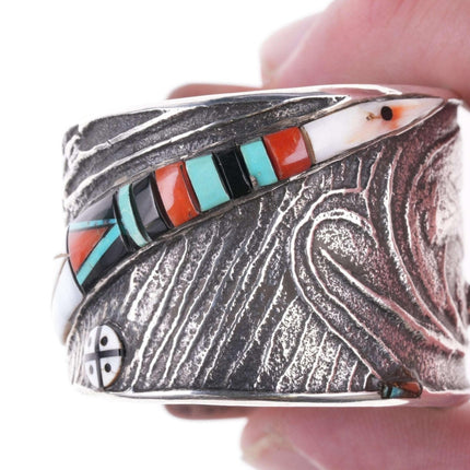 Preston Monongye (Hopi) (1927-1987) Tufa Cast Silver Türkis, Koralle und Jet gruseliges Monsterarmband