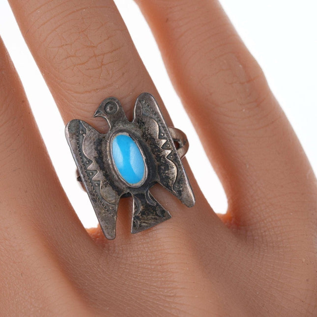 c1940's Navajo Hand Stamped silver turquoise thunderbird ring