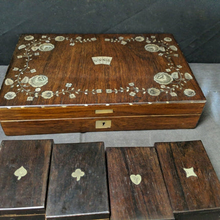 Antique Gambling Whist Set in Mother of Pearl Marquetry Box Nelson's Victory Cli