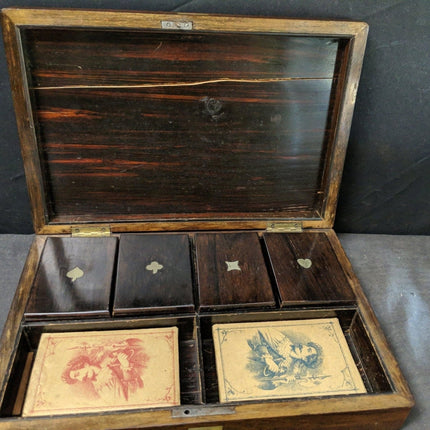 Antique Gambling Whist Set in Mother of Pearl Marquetry Box Nelson's Victory Cli