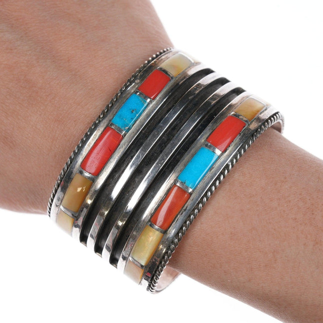 6.5" Vintage Zuni Sterling - Turquoise, coral, and shell channel inlay cuff brac