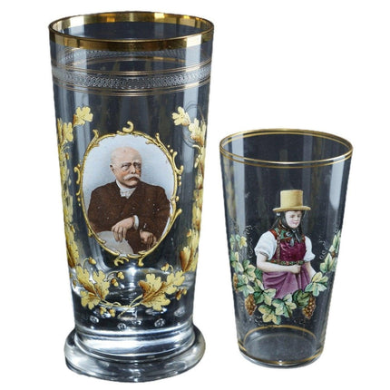 2 c1880 Bohemian Enamel Promotional spirit glasses