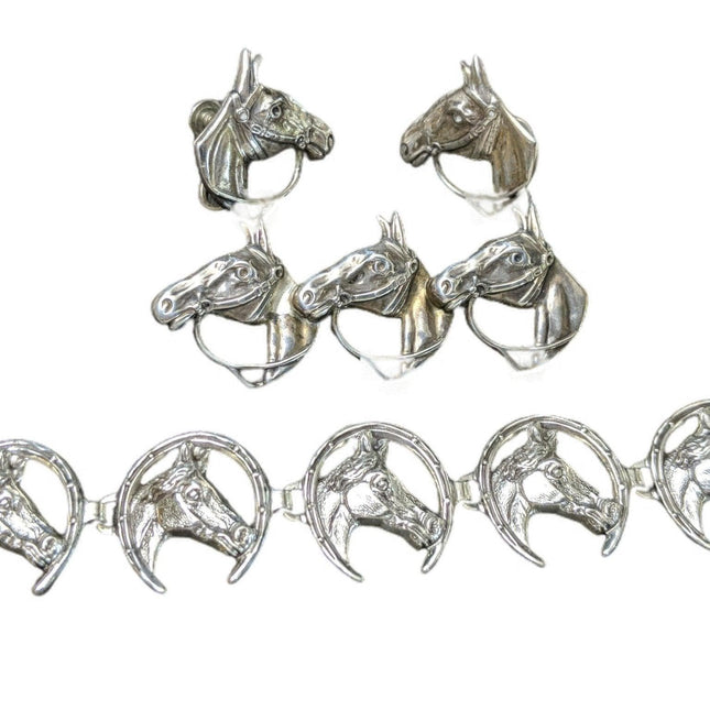 1950er Jahre Beau Sterling Horses Brosche Armband Schraubverschluss Ohrringe Set