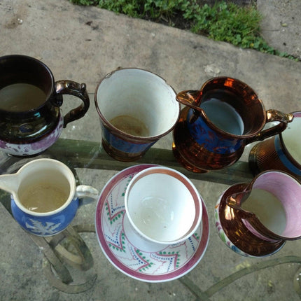 8 件古董 19 世纪早期至中期陶器铜色、粉红色、反向切尔西蓟水罐