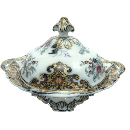 c1840 Staffordshire, handbemalt, goldvergoldet über Transferware, farbenfrohe, mit Eisenstein überzogene Gemüseschale