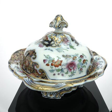 c1840 Staffordshire, handbemalt, goldvergoldet über Transferware, farbenfrohe, mit Eisenstein überzogene Gemüseschale