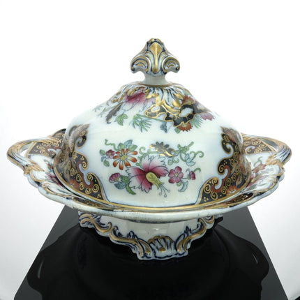 c1840 Staffordshire, handbemalt, goldvergoldet über Transferware, farbenfrohe, mit Eisenstein überzogene Gemüseschale