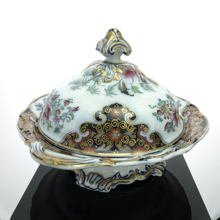 c1840 Staffordshire, handbemalt, goldvergoldet über Transferware, farbenfrohe, mit Eisenstein überzogene Gemüseschale