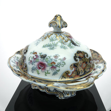 c1840 Staffordshire, handbemalt, goldvergoldet über Transferware, farbenfrohe, mit Eisenstein überzogene Gemüseschale