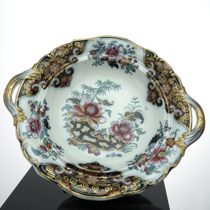 c1840 Staffordshire, handbemalt, goldvergoldet über Transferware, farbenfrohe, mit Eisenstein überzogene Gemüseschale