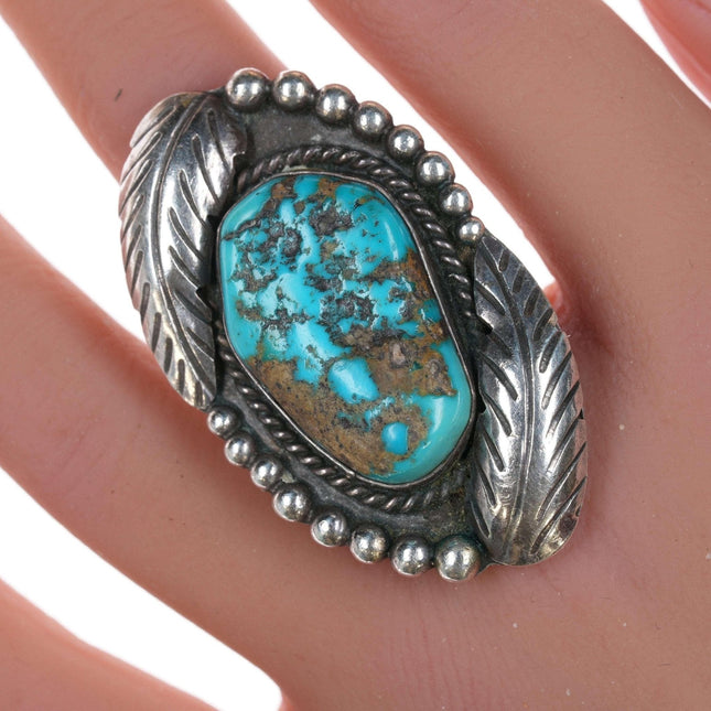 sz7 Long Vintage Navajo silver and turquoise ring