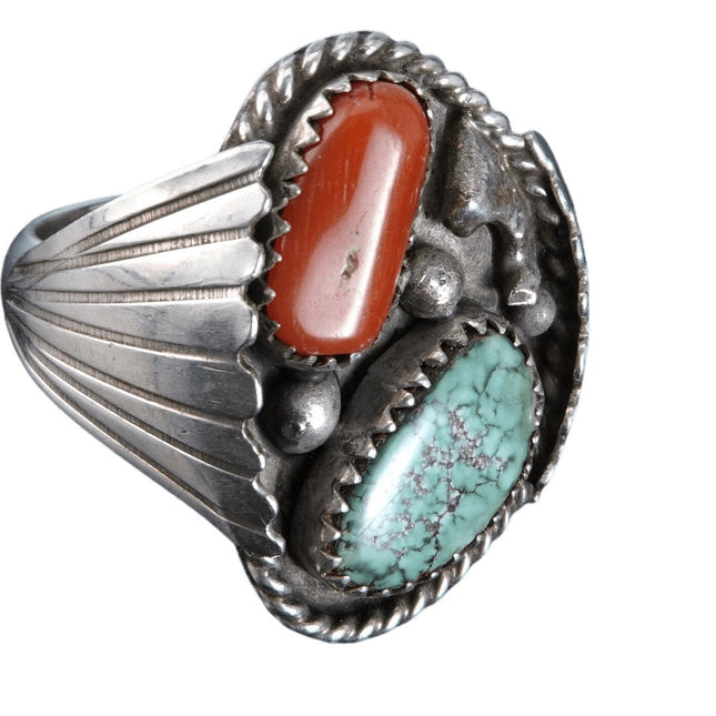 sz12.5 Vintage Navajo Sterling turquoise and coral men's ring