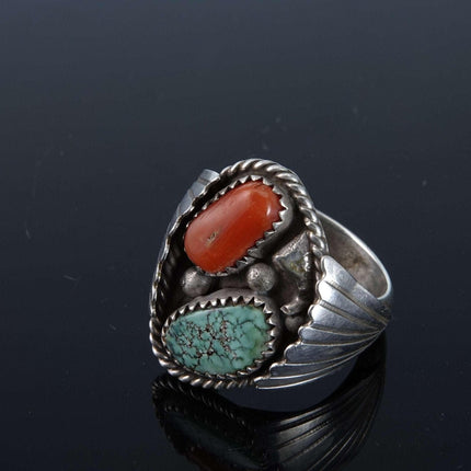 sz12.5 Vintage Navajo Sterling turquoise and coral men's ring