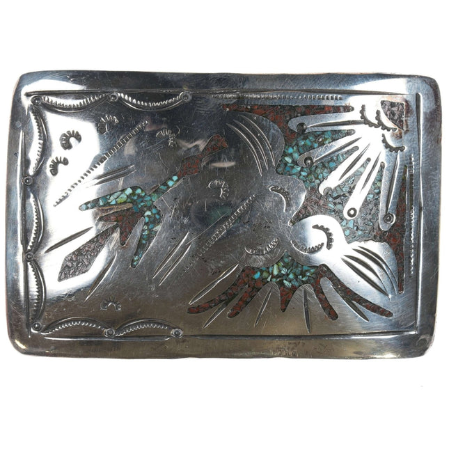 Vintage Navajo Sterling turquoise chip inlay belt buckle