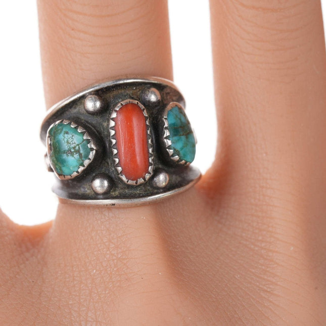 sz8 1950'S Navajo Sterling, turquoise, and coral ring