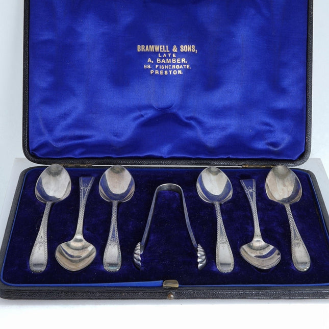 1896 Sterling Silver Teaspoon and Sugar Tong Set Hand Engraved By John Round and