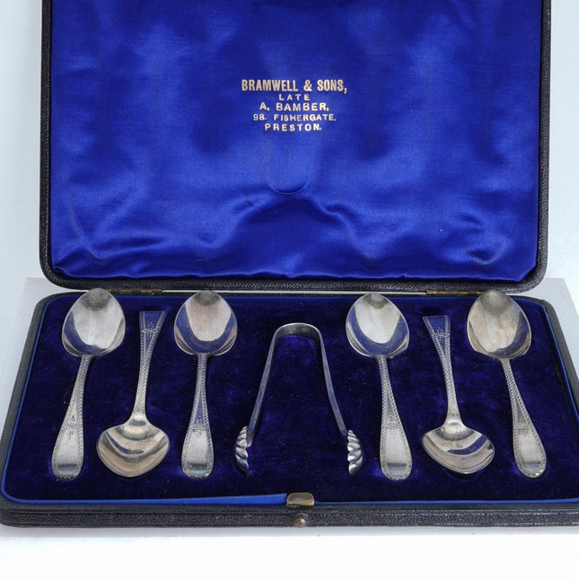 1896 Teelöffel- und Zuckerzangen-Set aus Sterlingsilber, handgraviert von John Round and Sons Sheffield