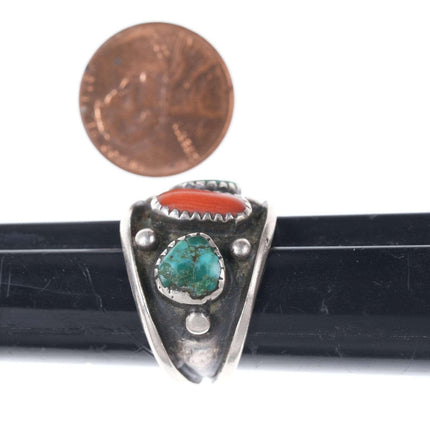 sz8 1950 年代纳瓦霍纯银、绿松石和珊瑚戒指