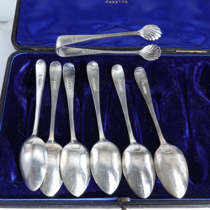 1896 Sterling Silver Teaspoon and Sugar Tong Set Hand Engraved By John Round and