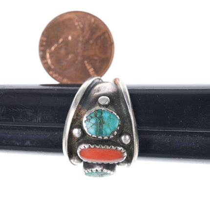 sz8 1950 年代纳瓦霍纯银、绿松石和珊瑚戒指