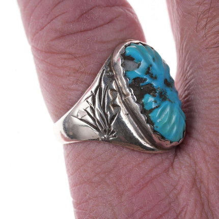 sz 12 Vintage Zuni Indianer geschnitzter türkisfarbener Ring
