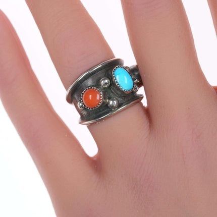 sz6 Vintage Native American Sterling turquoise, and coral ring