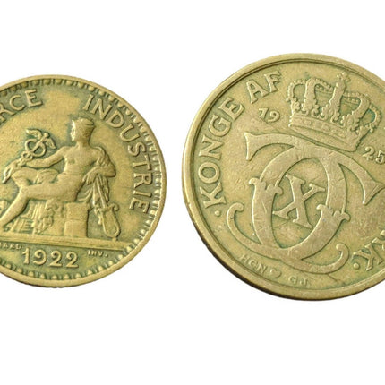 2 个复古硬币领带夹 1922 年法国 1925 年丹麦