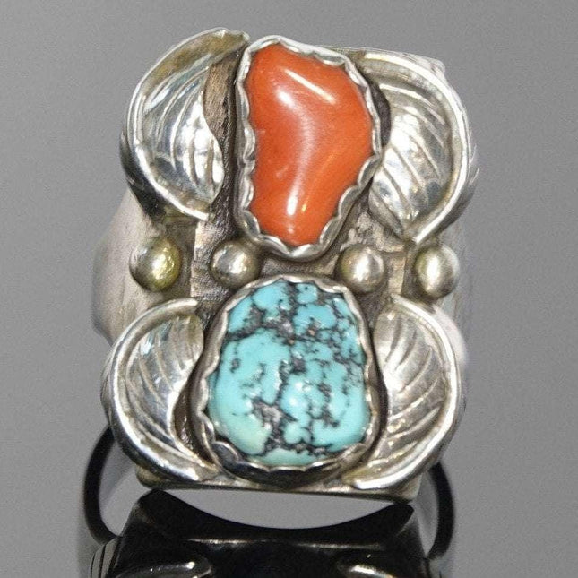 Sz12 Navajo Sterling and Turqoise Coral Mens Ring Large Chunky