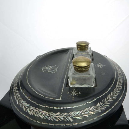 c1890 Papier Mache with Mother of pearl Inlay Double Inkwell with Pen rest