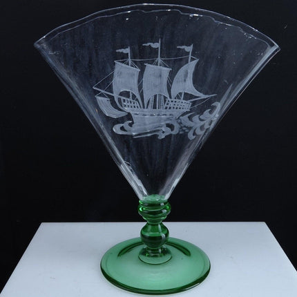 1920's Steuben Carder Era Fan Vase with intaglio cut Ship Etching