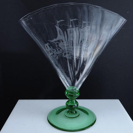 1920's Steuben Carder Era Fan Vase with intaglio cut Ship Etching