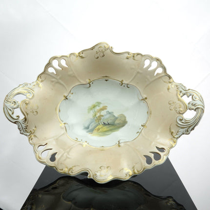 c1840 Staffordshire Hand Painted Gold and Scenic Reticulated Compote