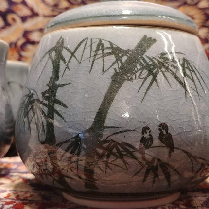 15 件沙漠或茶/咖啡套装蓝竹暹罗青瓷 1986 年艺术家签名灰釉