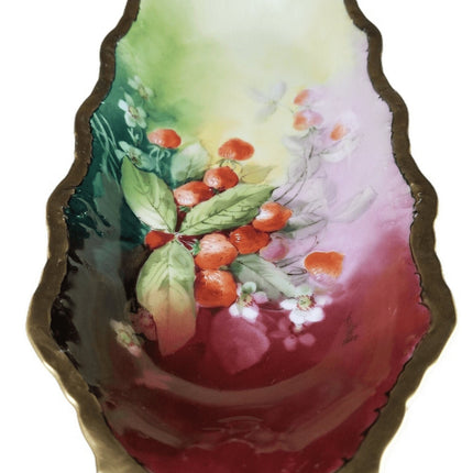 艺术家签名布劳尔利摩日手绘草莓金色大号芹菜盘 13.75 英寸 x 6 英寸 x 2 1/8 英寸深