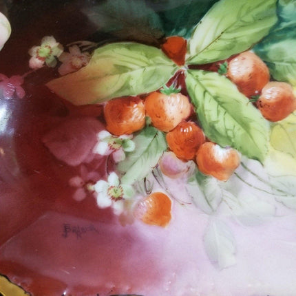 Artist Signed Brauer Limoges Hand Painted Strawberries Gold Large Celery Dish 13