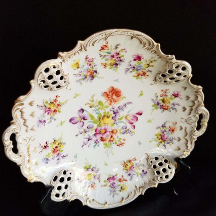 Dresden Pierced Floral Cake Plate Hand Painted Rosenthal 11 5/8" wide x 1.75" de