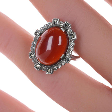 Sz4 Antique Carnelian and marcacite sterling ring