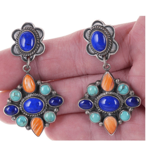 Vintage Navajo sterling Multi-stone cluster earrings