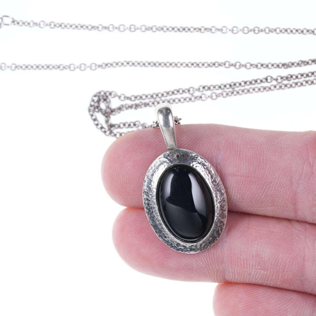 Retired James Avery Hammered Sterling Onyx Pendant on 18" necklace