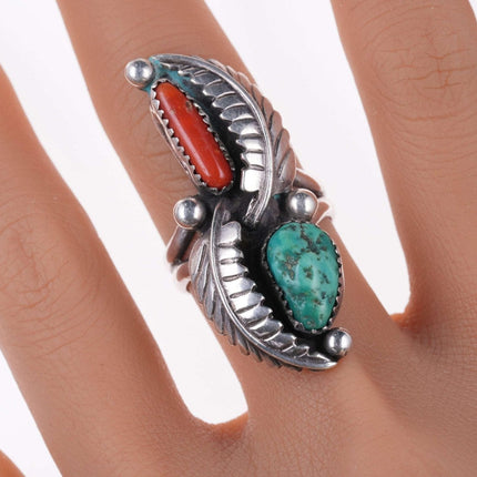 sz9 Large Vintage Navajo sterling turquoise and coral ring