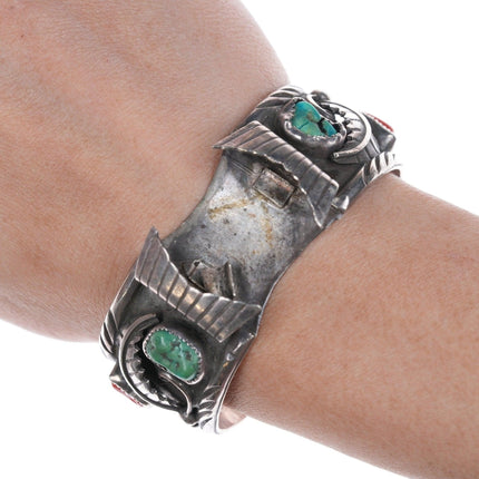 Bracciale per orologio in argento sterling Navajo da 6 1/8" e corallo