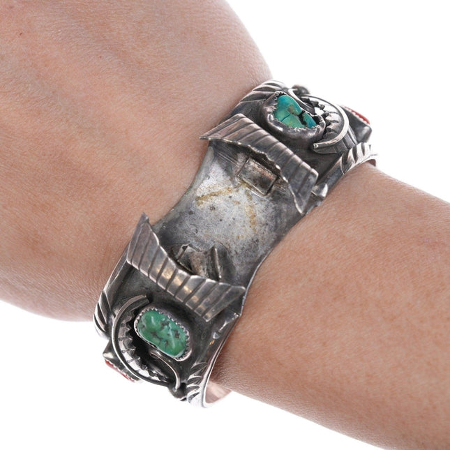 6 1/8 英吋納瓦霍純綠松石和珊瑚手錶手鐲