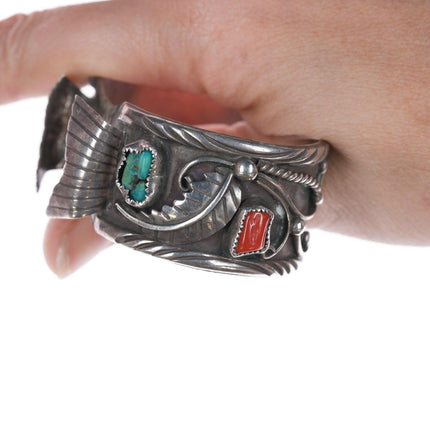 6 1/8" Navajo Sterling Turquoise, and coral watch cuff